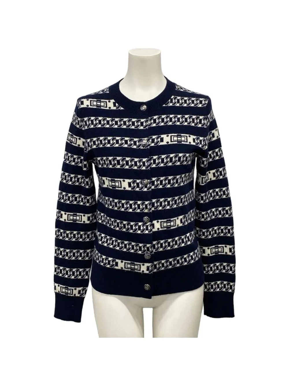 Chanel Cardigan 34 S Dark Navy White Long Sleeve Border Chain Pattern Cashmere